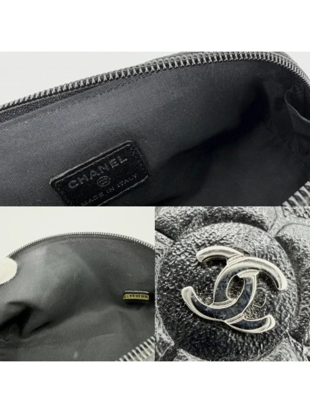 Chanel Pouch Camellia CC Logo Case Leather Black Silver